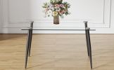 Modern rectangular glass dining table, suitable for 4-6 people, equipped with tempered glass tabletop and black metal legs, writing desk, suitable for