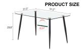 Modern rectangular glass dining table, suitable for 4-6 people, equipped with tempered glass tabletop and black metal legs, writing desk, suitable for